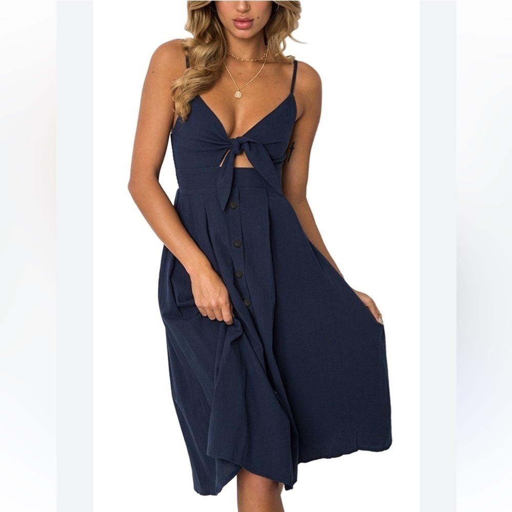 Ecowish Women Dresses Summer Tie Front V-Neck Spaghetti Strap Button Down A-Line
